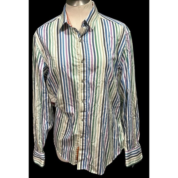 Robert Graham Long Sleeve Multi Color Striped Blue Orange Stripe Flip‎ Cuff Sz L - Picture 1 of 6
